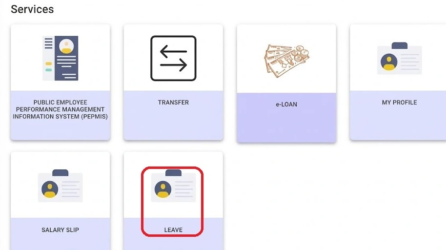 Employee self-service portal dashboard showing services like performance management, transfer, loan, salary slip, profile, and leave module
