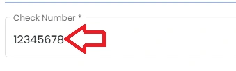 Check number input field displaying “12345678” with a red arrow pointing to the entered value.
