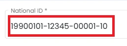 Utumishi National ID input field displaying “19900101-12345-00001-10” highlighted for registration.