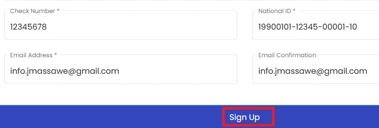 Utumishi employee registration page showing check number, national ID, email fields and sign up button
