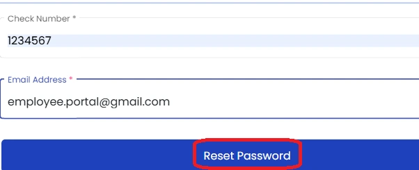 Online employee portal screen highlighting reset password button after entering login recovery details
