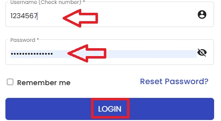 Login form showing username and password fields filled, with arrows pointing to inputs and the “LOGIN” button highlighted at the bottom.