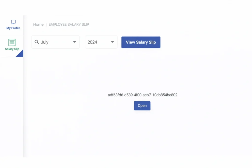 Salary slip interface with open button used to access generated payslip file in employee portal
