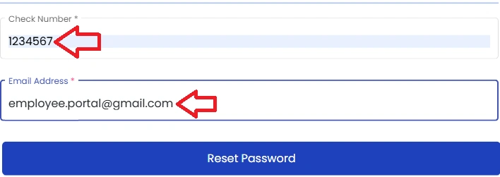 Utumishi password reset page displaying check number and registered email address fields for identity verification
