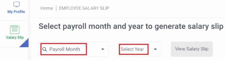 ESS Utumishi salary slip page showing payroll month and year selection fields before generating payslip

